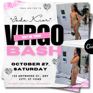 May include: A pink and black party invitation with the text "Jada Kior" Virgo Bash" and the date "October 27, Saturday". The invitation includes a phone number for RSVP and the address "123 Anywhere St., Any City, ST 12345".