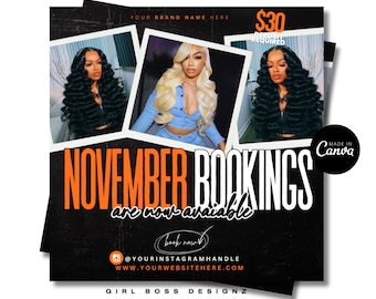 Op de afbeelding: Zwart-oranje promotionele afbeelding voor novemberboekingen. Het ontwerp bevat drie foto's van vrouwen met lang haar, de tekst "NOVEMBER BOOKINGS are now available" en social media-handles.