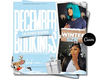 Op de afbeelding: Een promotieflyer met de tekst DECEMBER BOOKINGS ARE NOW AVAILABLE en $30 DEPOSIT REQUIRED. Het bevat twee foto's van personen met gestyled haar, een cartoonrendier, een zilveren cadeau en de tekst WINTER SZN.