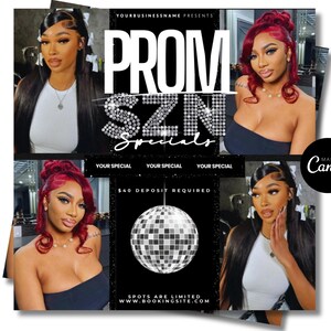 May include: A black and white flyer with a disco ball and the text "PROM SZN Specials" in large white letters with silver glitter accents. The flyer also includes the text "YOUR SPECIAL" three times and "$40 DEPOSIT REQUIRED". The flyer has a black background with a glittery texture. The flyer also includes the text "SPOTS ARE LIMITED" and "WWW.BOOKINGSITE.COM".
