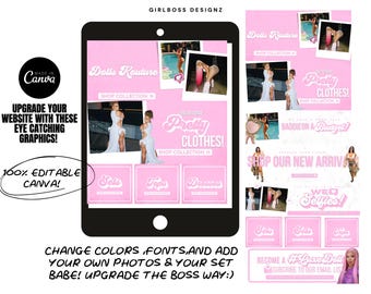 May include: A pink digital marketing graphic with the text "Dolls Kouture" and "Pretty Clothes!" on a tablet screen. The graphic includes images of women in dresses and the text "Upgrade your website with these eye catching graphics!" and "100% Editable Canva!"