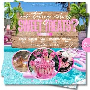 以下が含まれることがあります： 「Sweet Treats」のプロモーション用グラフィック。木製の看板とピンク色のテキストが表示されています。看板にはクッキー、ブラウニー、ケーキ、マカロン、カップケーキが記載されています。画像にはピンク色のケーキ、マカロン、カップケーキ、プール、ヤシの木が写っています。