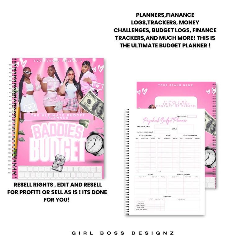 May include: Pink budget planner with a cover featuring three women and the text "The Ultimate Budget Planner" and "Baddies Budget". The planner includes sections for income, expenses, and savings.