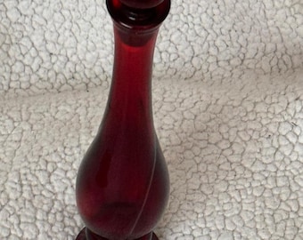 Avon Ruby Red Glass Perfume Cologne Bottle W Stopper Bud Vase Twist Design Vintage Occuri