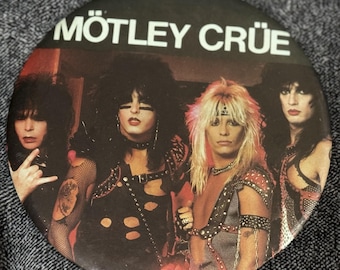 Motley Crue Heavy Metal Rock Pin Lot 14 Buttons Vintage Ranging from 1.25 inches to jumbo 6 inches