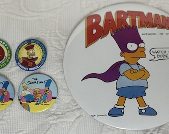 Simpsons Pin Lot Bartman Giant Jumbo Pin and 4 Smaller Pins Buttons Vintage