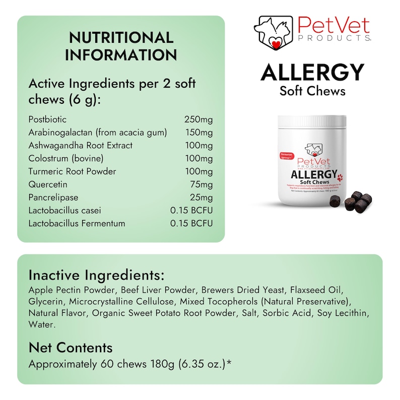 May include: A green and white label with the text "Nutritional Information" and a list of ingredients for PetVet Allergy Soft Chews. The label also includes a photo of a bottle of the soft chews with the text "PetVet Allergy Soft Chews".