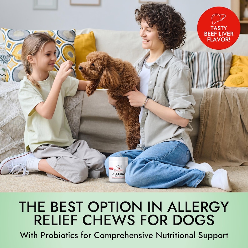 May include: A woman and a young girl are sitting on a carpet with a brown dog. The woman is holding the dog and the girl is petting it. There is a container of dog allergy relief chews on the floor. The container is white with red lettering that says "Puppy Allergy Skin Chews". The text on the container also says "The Best Option in Allergy Relief Chews for Dogs. With Probiotics for Comprehensive Nutritional Support."