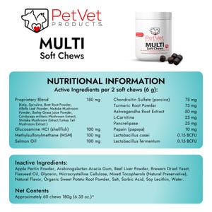 May include: PetVet Multi Soft Chews nutritional information label with a list of active ingredients and their amounts per 2 soft chews (6 grams). The label also lists inactive ingredients and net contents.