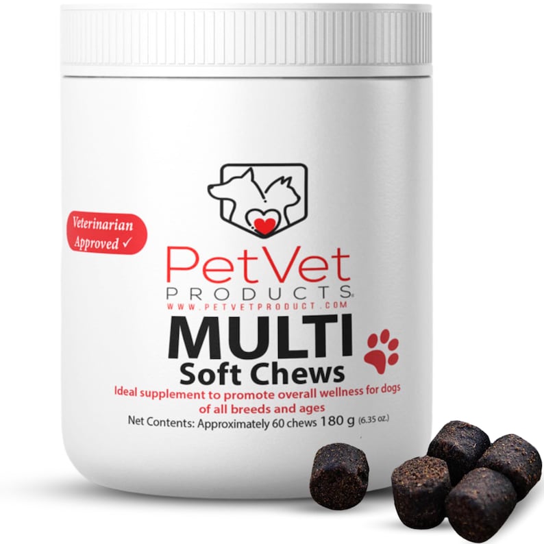 May include: White plastic container with a red and black logo that says "PetVet Products" and "Multi Soft Chews". The container is labeled "Veterinarian Approved" and contains approximately 60 chews. The container is sitting on a white surface with several dark brown soft chews scattered around it.