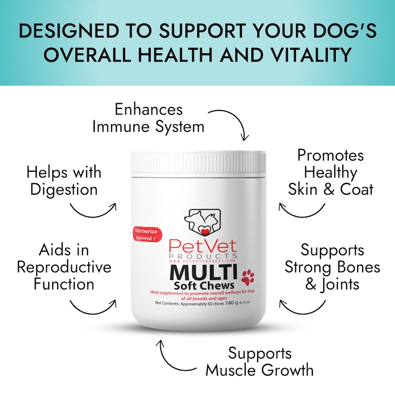 May include: White jar of PetVet Products Multi Soft Chews for dogs. The jar has a red and white label with a dog and cat illustration. The label says "Ideal supplement to promote overall wellness for dogs of all breeds and ages. Net Contents: Approximately 60 chews 180 g". The jar is surrounded by arrows pointing to benefits of the product, including "Enhances Immune System", "Helps with Digestion", "Aids in Reproductive Function", "Promotes Healthy Skin & Coat", "Supports Strong Bones & Joints", and "Supports Muscle Growth".
