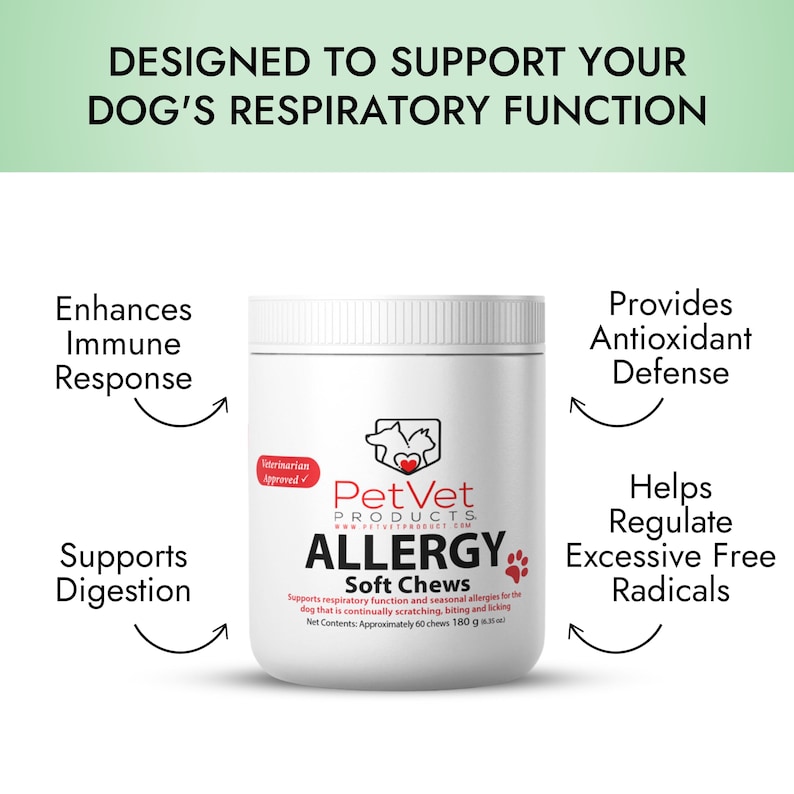 May include: White container of PetVet Products Allergy Soft Chews for dogs. The container has a red and white dog illustration and the text "Veterinarian Approved". The container is on a white background with text describing the benefits of the product, including supporting respiratory function, enhancing immune response, providing antioxidant defense, helping regulate excessive free radicals, and supporting digestion.