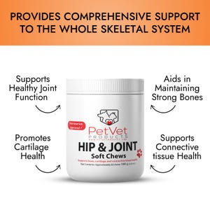 Puede incluir: Tarro de pl&aacute;stico blanco de PetVet Products Hip & Joint Soft Chews para perros. El tarro tiene una huella de pata roja y el texto "Aprobado por un veterinario" en la parte delantera. El tarro est&aacute; etiquetado con el texto "Apoya los huesos, el cart&iacute;lago y el tejido conectivo. Contenido neto: Aproximadamente 60 masticables 180 g (6,3 oz)".