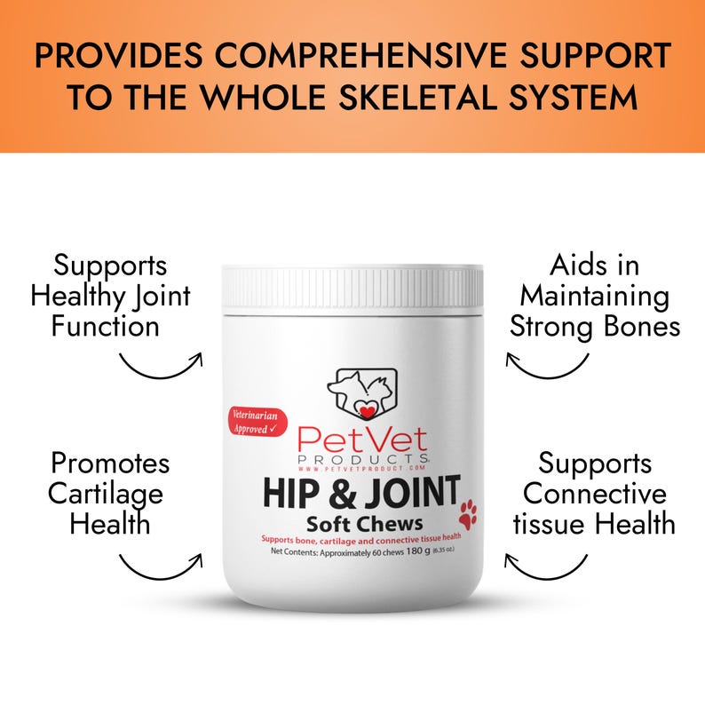 Puede incluir: Tarro de pl&aacute;stico blanco de PetVet Products Hip & Joint Soft Chews para perros. El tarro tiene una huella de pata roja y el texto "Aprobado por un veterinario" en la parte delantera. El tarro est&aacute; etiquetado con el texto "Apoya los huesos, el cart&iacute;lago y el tejido conectivo. Contenido neto: Aproximadamente 60 masticables 180 g (6,3 oz)".