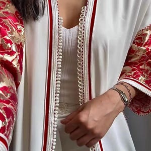White and Red Moroccan Kimono – Handmade One-Piece Robe – Custom Made Size – Elegant Outfit for Eid, Weddings & Special Occasions