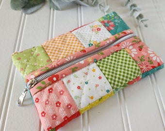 Strawberry Lemonade Scrappy Quilted Patchwork Pouch, Center Zipper Pouch, Quilted Zipper Pouch, Scrappy Strawberry Zipper Pouch,