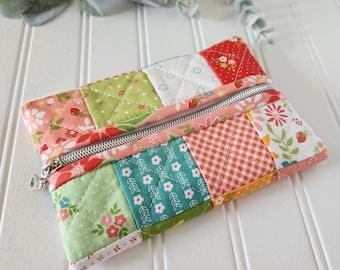 Strawberry Lemonade Scrappy Quilted Patchwork Pouch, Center Zipper Pouch, Quilted Zipper Pouch, Scrappy Zipper Pouch,  Patchwork Pouch