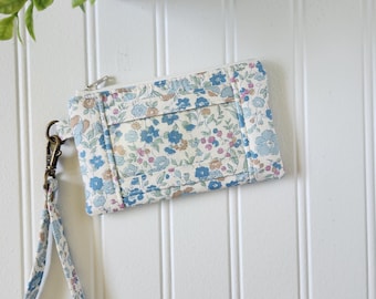 Sevenberry Petite Garden Blooming Blue ID Wristlet: Handmade Mini Wallet with Wrist Strap
