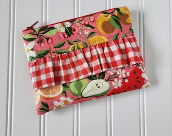 Pink Fruit Loop Ruffle Zipper Pouch, Zipper Coin Purse, Small Ruffle Pouch, Moda Basic Grey