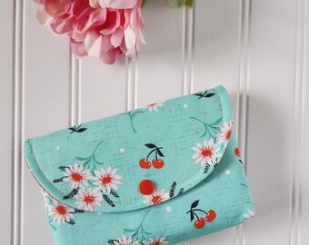 Daisies and Cherries Teal Snap Pouch, Large Snap Pouch, Cosmetic Pouch, Accessory Pouch, Kitschy Pouch, Retro Pouch, Gift for Mom