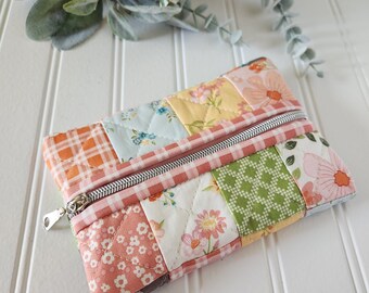Spring's In Town Scrappy Quilted Patchwork Pouch, Center Zipper Pouch, Quilted Zipper Pouch, Scrappy Zipper Pouch, Sandy Gervais