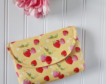 Picnic Florals Yellow Strawberries Snap Pouch, Large Snap Pouch, Cosmetic Pouch, Accessory Pouch, Riley Blake Strawberry Pouch