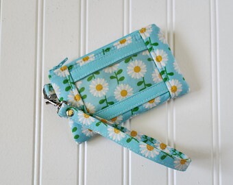 Daisies Turquoise ID Wristlet Wallet, Mini ID Wristlet Wallet, Zipper ID Wallet Wristlet, Flowerland, Ruby Star Society