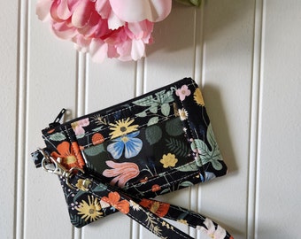 Rifle Paper Co ID Wristlet Wallet, Mini ID Wristlet Wallet, Zipper ID Wallet Wristlet, Strawberry Fields Black