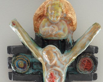 Jesus Christ Cross with an open Anatomical Heart of love .Roadside Shrine,City folk art .Canada Poland ceramic