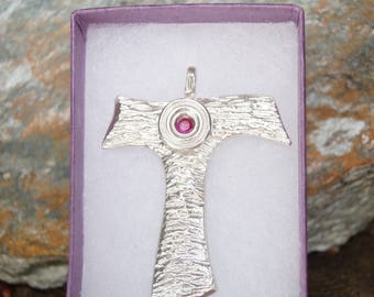 Saint Francis Tau Cross Pendant  Healing Red ruby stone solid sterling silver 925 . Catholic Art Gift Canada