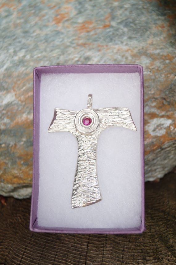 Saint Francis Tau Cross Pendant Healing Red Ruby Stone Solid Sterling Silver 925 Catholic Art Gift Canada Etsy UK