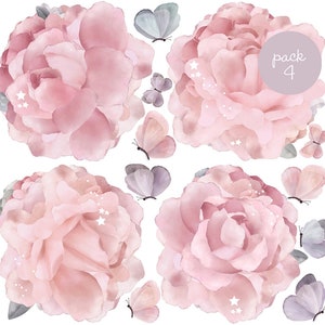 Floral Peony Removable Wall Stickers, Nursery Flowers Garden Decals, Peonies Roses Girls Baby Room Pack 4
