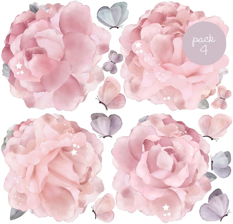 Floral Peony Removable Wall Stickers, Nursery Flowers Garden Decals, Peonies Roses Girls Baby Room Pack 4