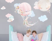 Hot Air Balloon Nursery Fabric Wall Stickers, Girls Watercolor Floral Bedroom Decals, Kids Removable Bunny Wall Art