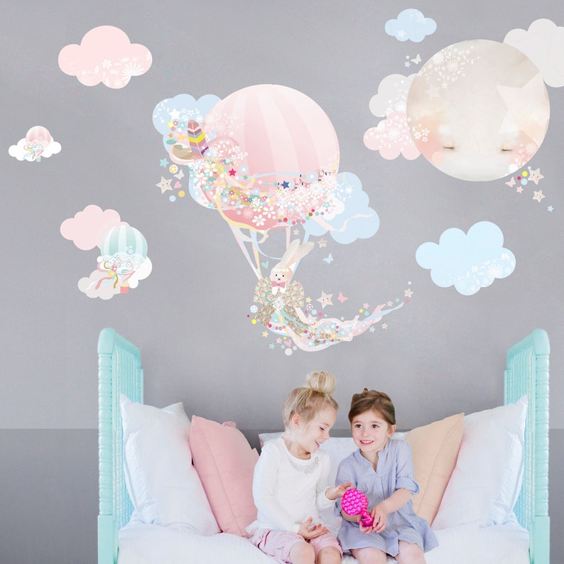 Hot Air Balloon Nursery Fabric Wall Stickers, Girls Watercolor Floral Bedroom Decals, Kids Removable Bunny Wall Art 