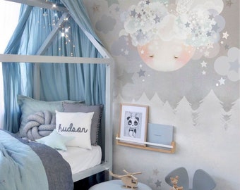 Schläfriger Mond Stoff-Wandaufkleber, Sterne, Wolken, Kinderzimmerdeko