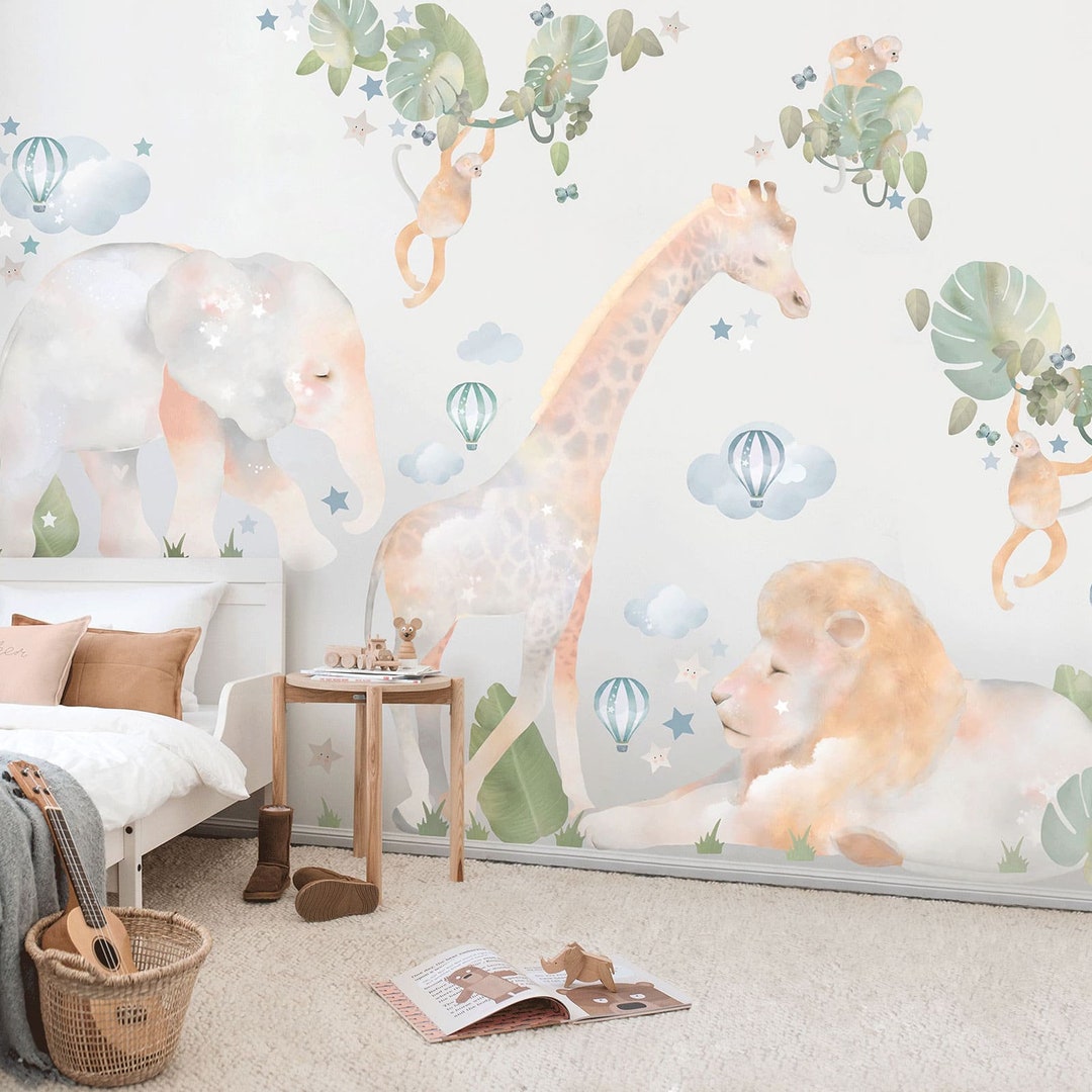 Lion Giraffe Jungle Tree Theme Nursery | Forest Animals Safari Wall ...