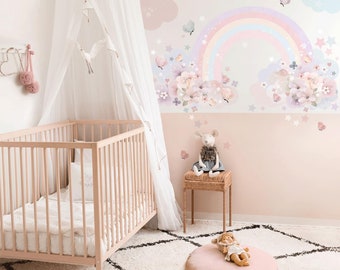 Vibrant Rainbow Wall Decal: Watercolor Flowers & Clouds for Nursery, Girls Bedroom and Playroom