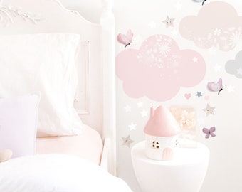 Verträumtes rosa Wolken-Wandtattoo-Set: Sterne und Schmetterlinge zum Abziehen für Mädchenzimmer-Kinderzimmer