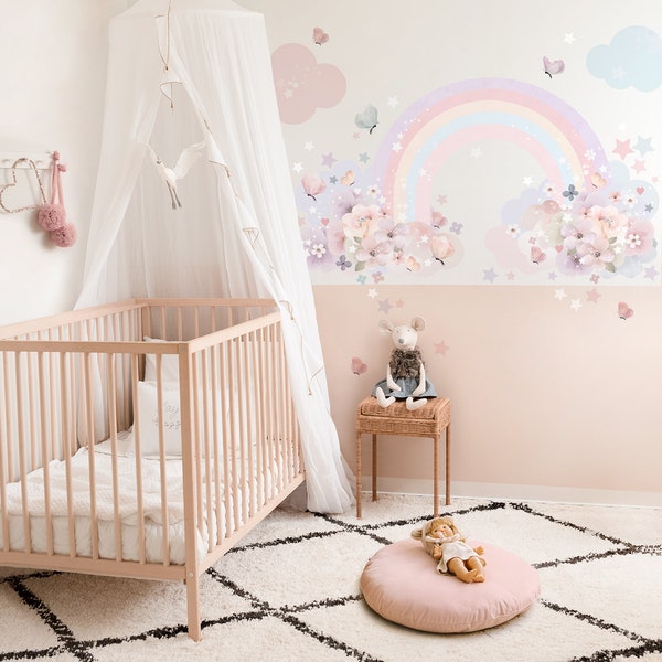 Grand sticker mural arc-en-ciel, stickers muraux amovibles pour chambre de bébé, papier peint déco arc-en-ciel pour chambre d'enfants, chambre aquarelle de filles