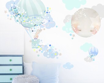 Hot Air Balloon Fabric Wall Stickers, Watercolour Nursery Bunny Rabbit Decals, Air Balloon Boy Bedroom Wall Mural Decor