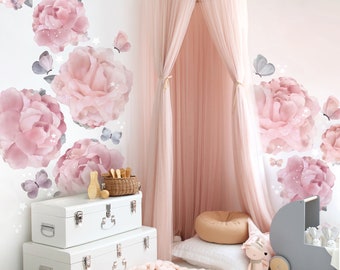 Floral Peony Removable Wall Stickers, Nursery Flowers Garden Decals, Peonies Roses Girls Baby Room