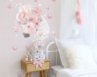 Bezauberndes Aquarell Einhorn Wandtattoo mit Schmetterlingen für Mädchenzimmer, Kinderzimmer Märchen Dekor