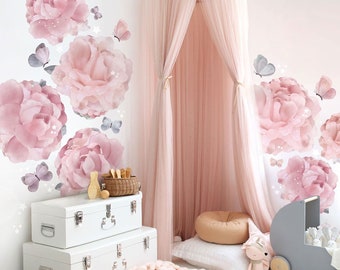 Abnehmbare Pfingstrose Wandaufkleber: Blumenaufkleber für Kinderzimmer, Mädchenzimmer, Garten-Themen-Innendekoration