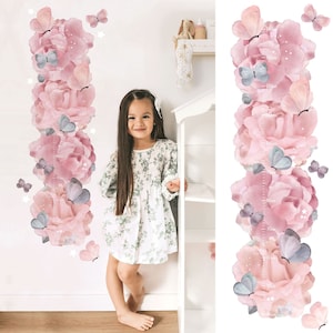 Pioenrozen en vlinders groeigrafiek sticker verwijderbare stof muursticker bloemen hoogte liniaal voor tuin babykamer, roze rozen kinderkamerthema
