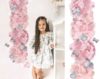 Pfingstrosen und Schmetterlinge Blumen Wachstumstabelle, abnehmbarer Schmetterling Stoff Wandaufkleber, Schälen und aufkleben