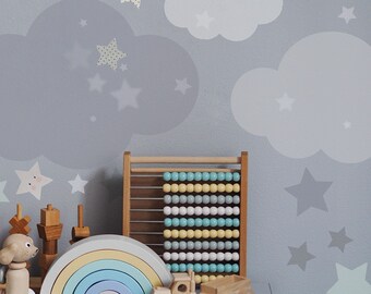 Blaue Schälen und Stick entfernbare Wolke und Stern Kinderzimmer Wandaufkleber, wiederverwendbare Stoffaufkleber