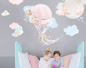 Pegatinas de pared de tela para guardería con globos aerostáticos, decoración de habitación para niñas pequeñas: flores de acuarela, nubes y conejitos, calcomanías de pared extraíbles para dormitorio de niños