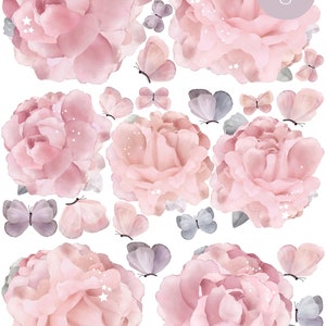 Floral Peony Removable Wall Stickers, Nursery Flowers Garden Decals, Peonies Roses Girls Baby Room Pack 6