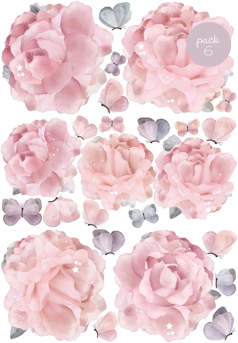 Floral Peony Removable Wall Stickers, Nursery Flowers Garden Decals, Peonies Roses Girls Baby Room Pack 6